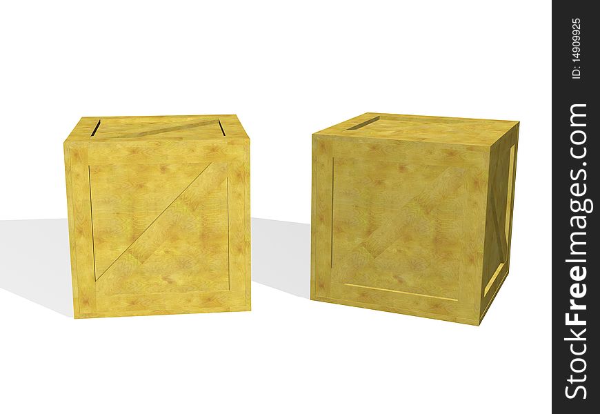 Wooden boxes for cargoes are represented from different corners.