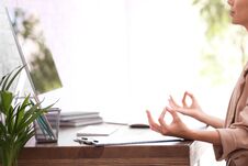 Businesswoman Meditating At Workplace, Closeup With Space For Text Royalty Free Stock Photos Businesswoman Meditating At Workplace, Closeup With Space For Text Royalty Free Stock Photos