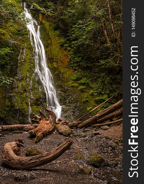 The Marymere Waterfall in Olympic National Park, Washington State, USA, on a long exposure to add blurred motion to the waterfall, bits of fallen trees in the foreground nobody in the image