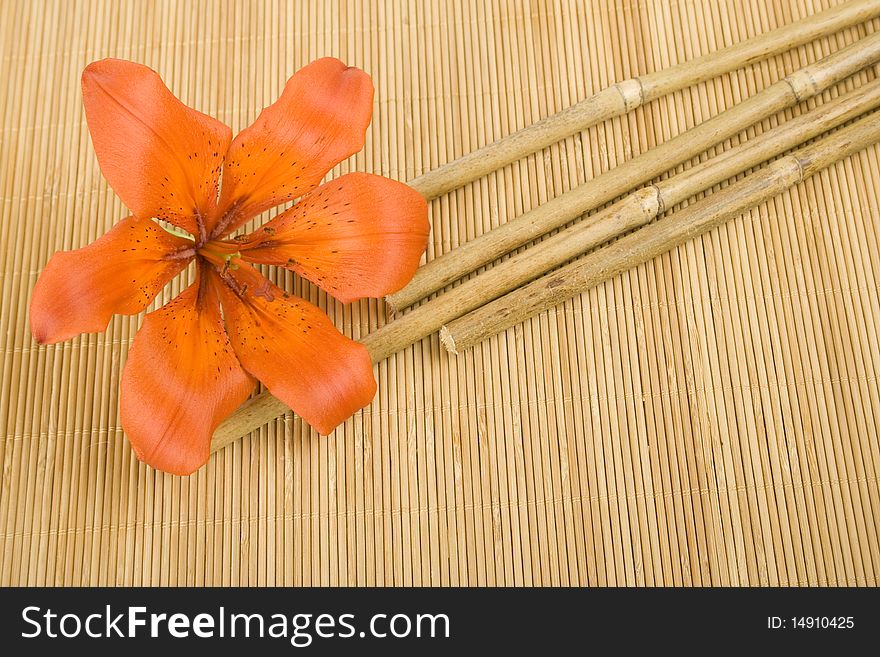 At the wooden surface orange flowers tiger lilies and bamboo sticks. At the wooden surface orange flowers tiger lilies and bamboo sticks