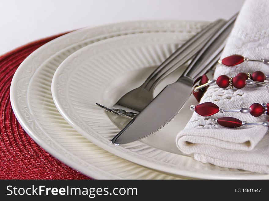 Modern Red Festive Table Place Setting, Close Up