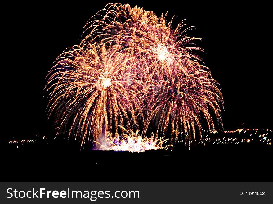 Firework streaks in night sky, celebration background