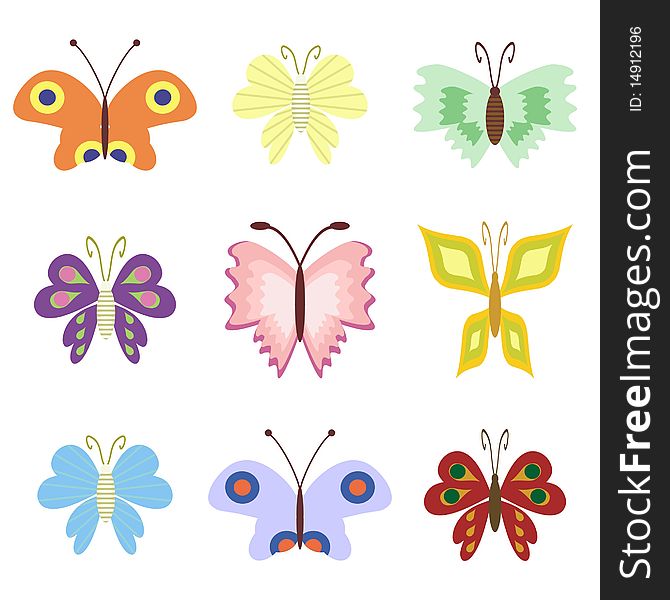 Set with butterflies on white background