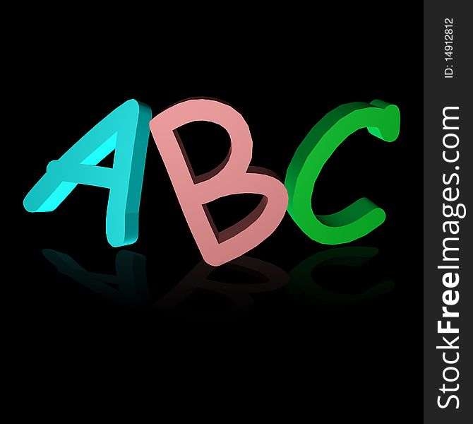 3D ABC letters in black background with reflection