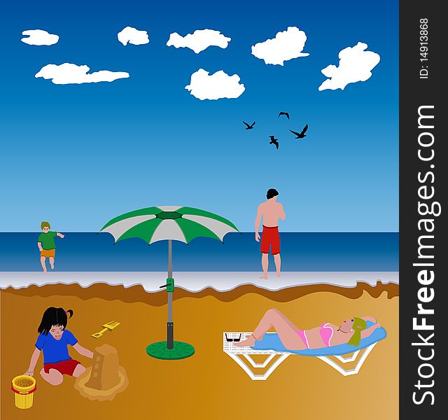 Illustration of a family spending the summer at the beach. Illustration of a family spending the summer at the beach