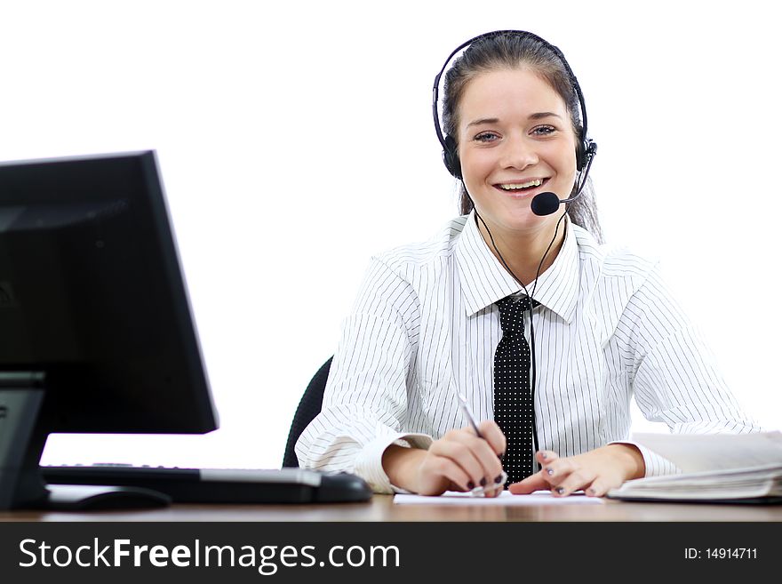 Business woman with headset in office