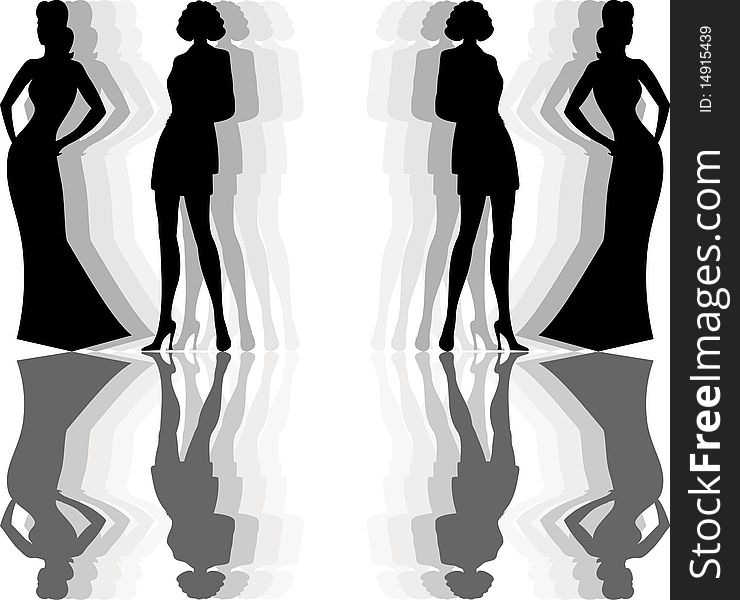 Silhouette and a reflection of women with model proportions. Silhouette and a reflection of women with model proportions