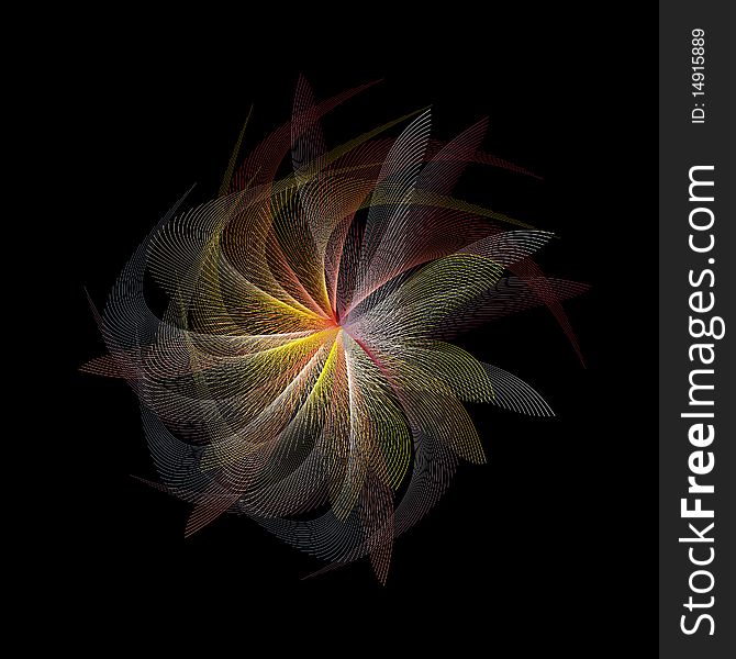 Abstract computer generated pinwheel shaped fractal on a black background.