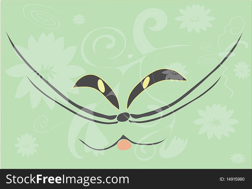 Mug of the cat on green background with pattern. Vector, illustration.