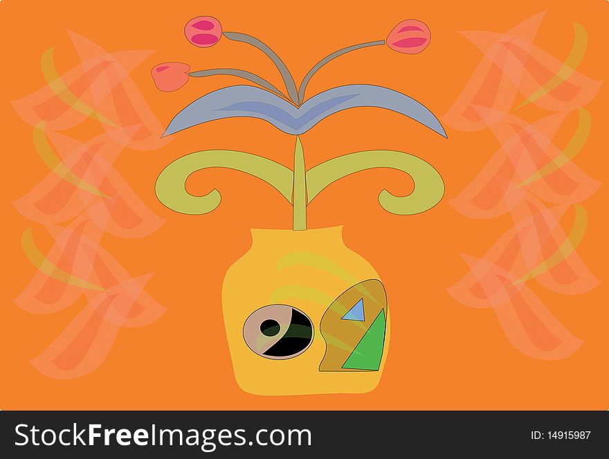 Flower in pot on orange background. The Vector, Illustration.