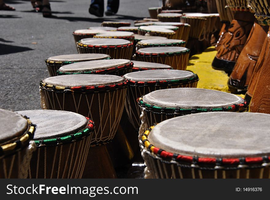 Street vendor of African djembe drums