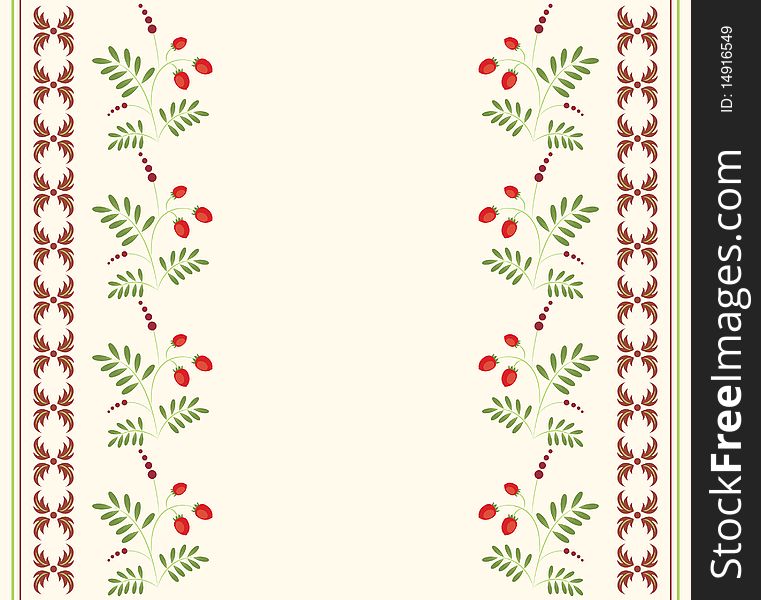 Floral card with green leaves and berries and ornamental elements