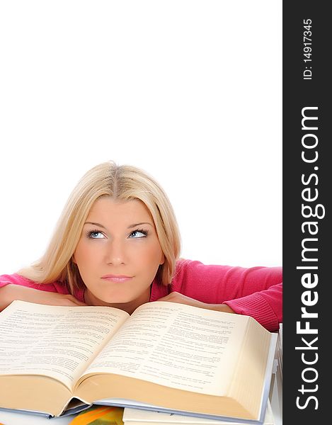 Young pretty tired student girl with lots of books in panic. isolated on white background