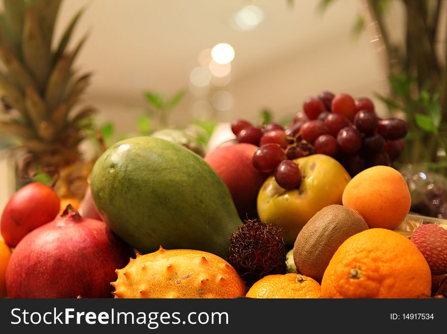 Exotic fruits basket displayed in warm light