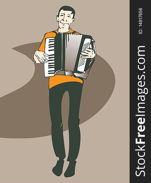 This is a portrait of a musician playing the accordion. This is a portrait of a musician playing the accordion