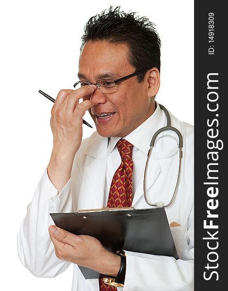 Friendly doctor, man in working coat with Stethoskop before white background