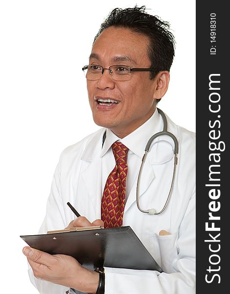 Friendly doctor, man in working coat with Stethoskop before white background