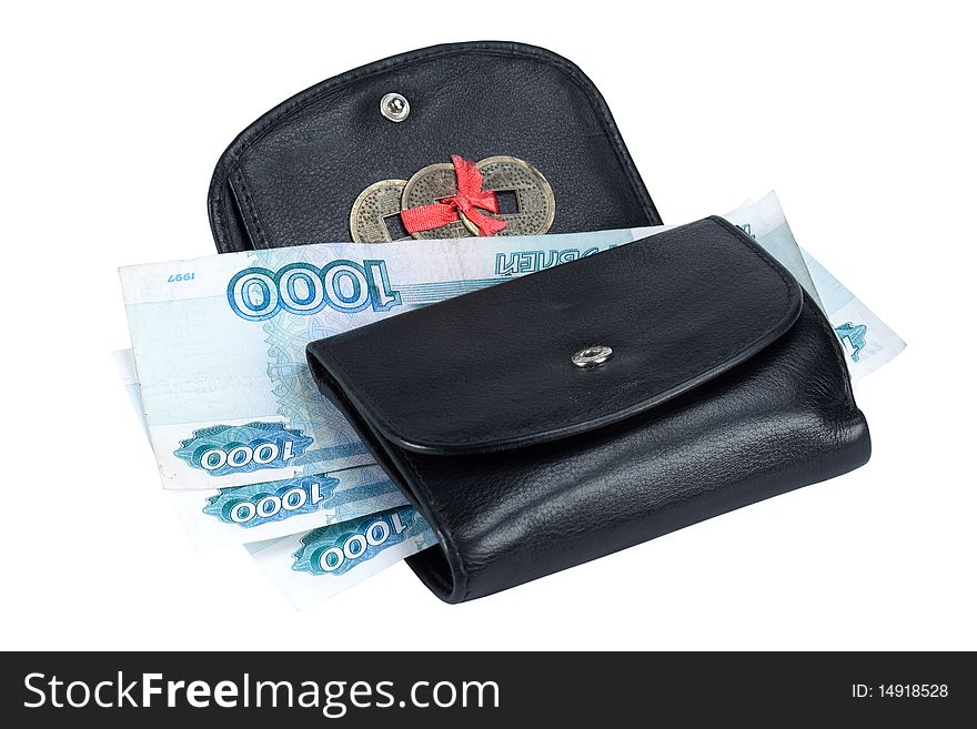 Purse with paper money banknote on white background