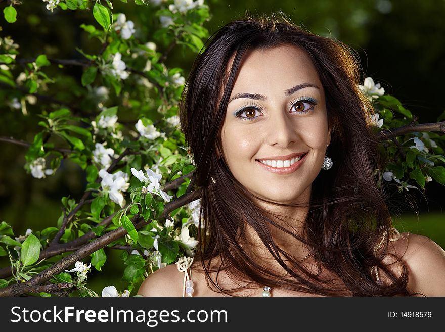 The young attractive girl in blossoming trees. The young attractive girl in blossoming trees