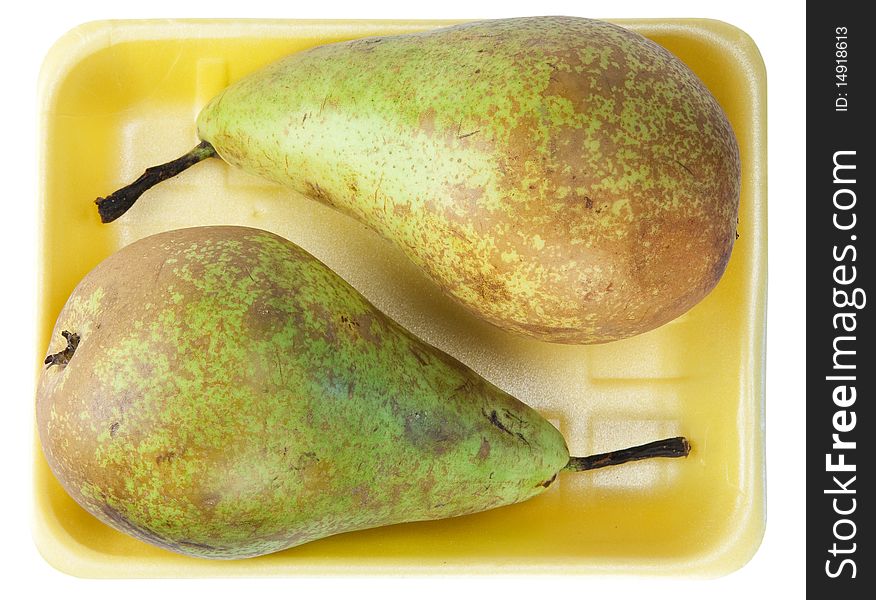 Two pears in yellow container on white background. Two pears in yellow container on white background