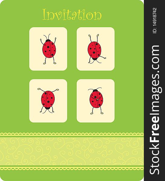 Card with four funny ladybugs. Card with four funny ladybugs