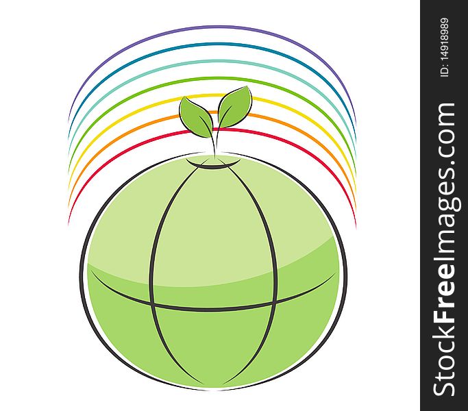 Illustration of Earth with leaves and rainbow