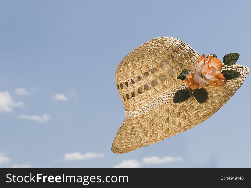 Straw hat with a pink flower on a branch of a pine on blue sky
