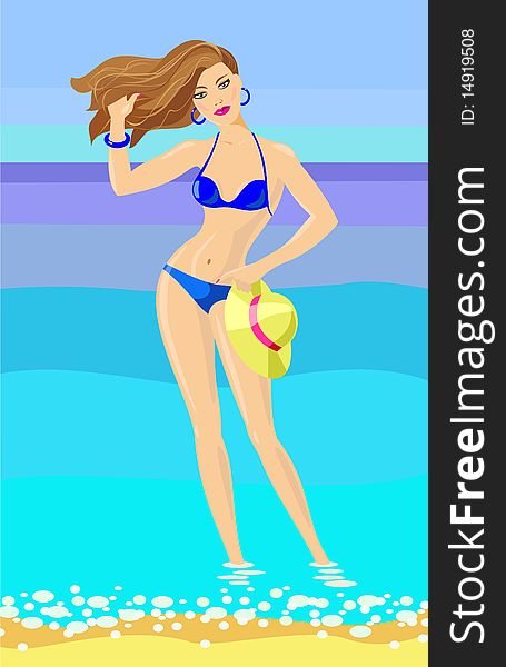 The girl on the seashore in bikini and straw hat. The girl on the seashore in bikini and straw hat