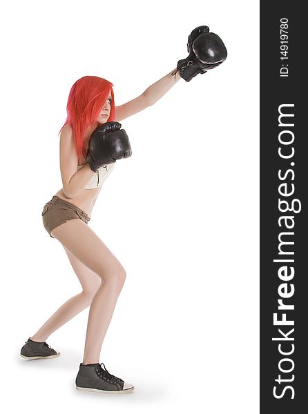 Girl kick boxer kicked in anger shouting