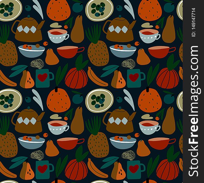 Pattern With Tea Kettle, Cups And Fruits