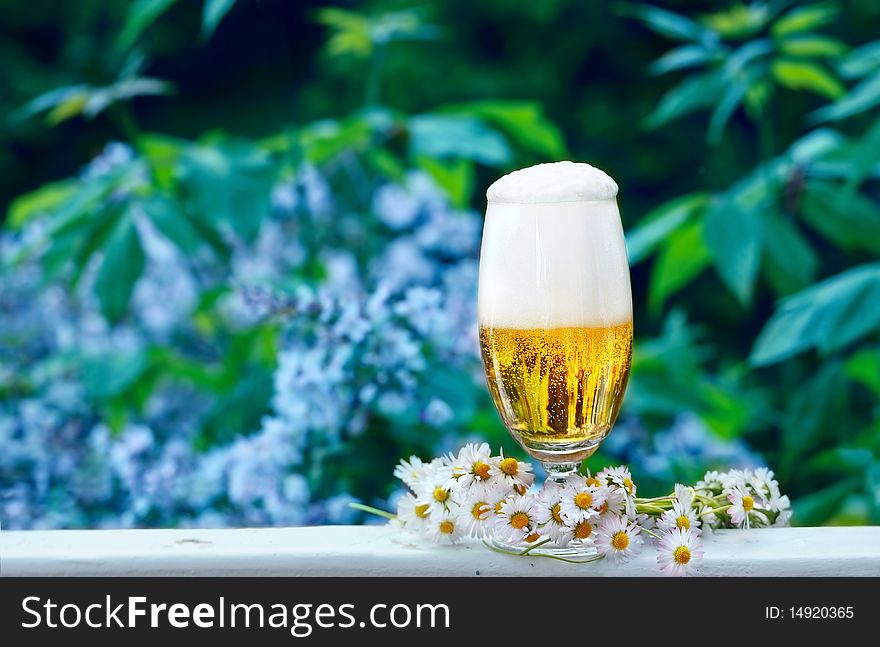 Glass of beer with garland of daisies, standing on the terrace in front of the garden. Glass of beer with garland of daisies, standing on the terrace in front of the garden