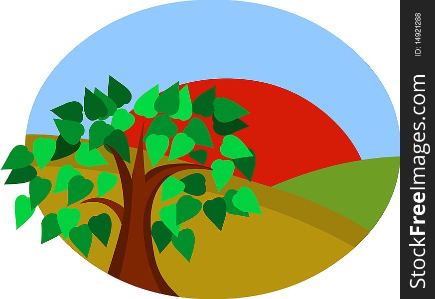 Sunny Meadow landscape with red sun and tree, illustration