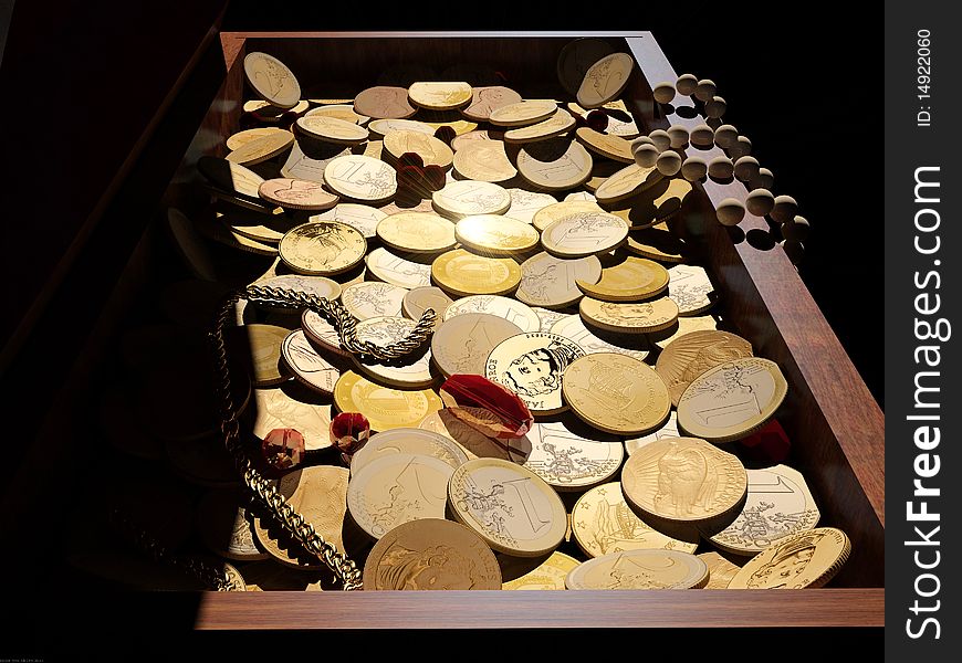 Chest filled with gold coins. Chest filled with gold coins