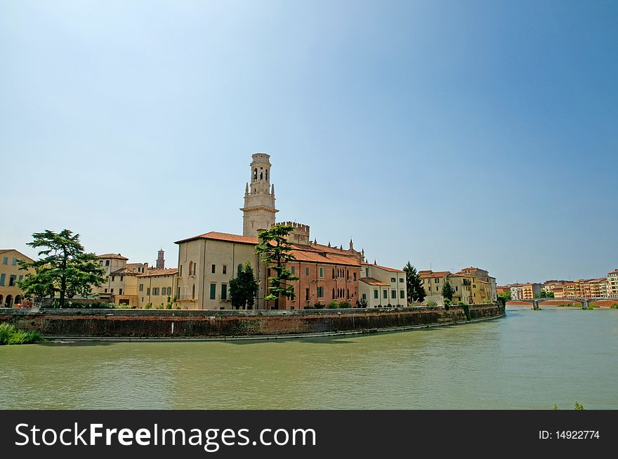 A view of the river adige  in the city of verona 
in italy. A view of the river adige  in the city of verona 
in italy