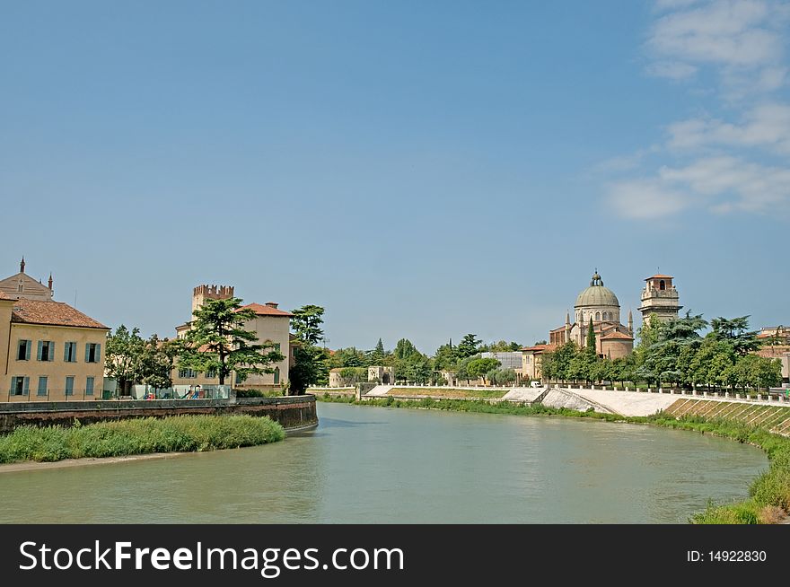 A view of the river adige  in the city of verona 
in italy. A view of the river adige  in the city of verona 
in italy