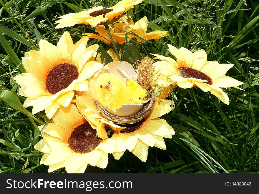 Artificial flowers - sunflowers on a green grass, and on flowers the nest with chickens lays. Artificial flowers - sunflowers on a green grass, and on flowers the nest with chickens lays