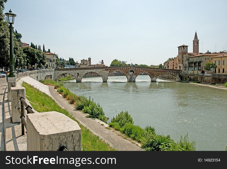 A view of the river adige and the 
ponte pietra bridge in verona 
in italy. A view of the river adige and the 
ponte pietra bridge in verona 
in italy