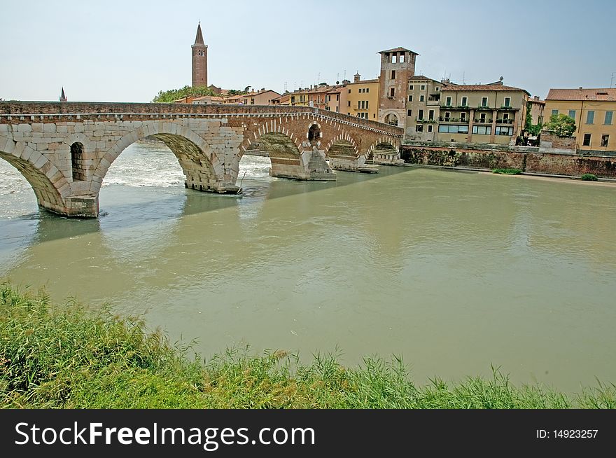 A view of the river adige and the 
ponte pietra bridge in verona 
in italy. A view of the river adige and the 
ponte pietra bridge in verona 
in italy