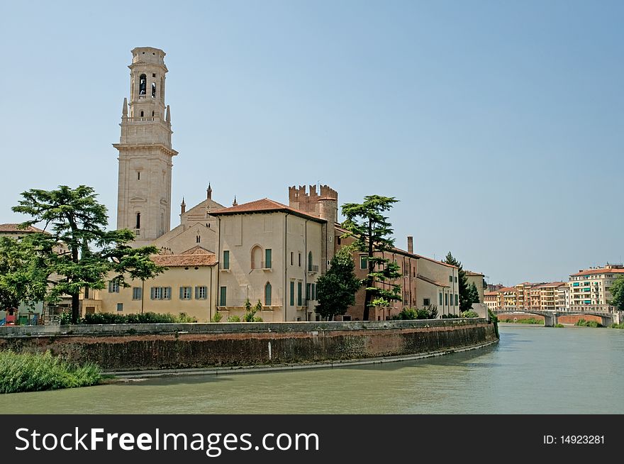 A view of the river adige  in the city of verona 
in italy. A view of the river adige  in the city of verona 
in italy