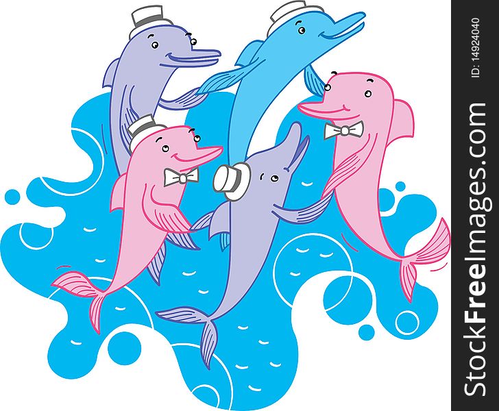 Five dolphins are dancing hand in hand. Vector illustration. Five dolphins are dancing hand in hand. Vector illustration.