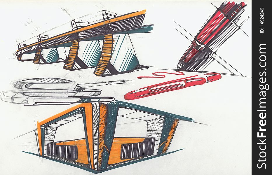 Hand drawn sketchs of achitecture element, part of interior, and abstract pen.