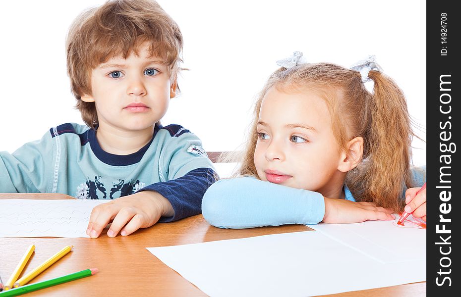 Girl and boy are painting. Isolated on white background