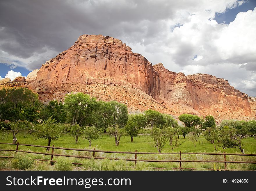 View of the red rock formations in Capitol Reef National Park with blue sky�s and clouds