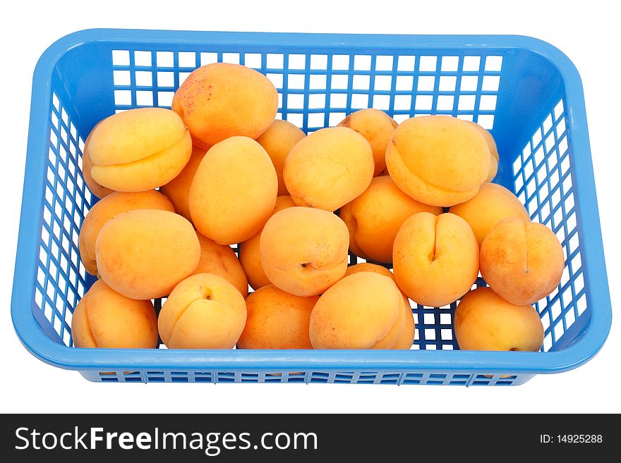 Apricots in a blue box isolated on white background. Apricots in a blue box isolated on white background