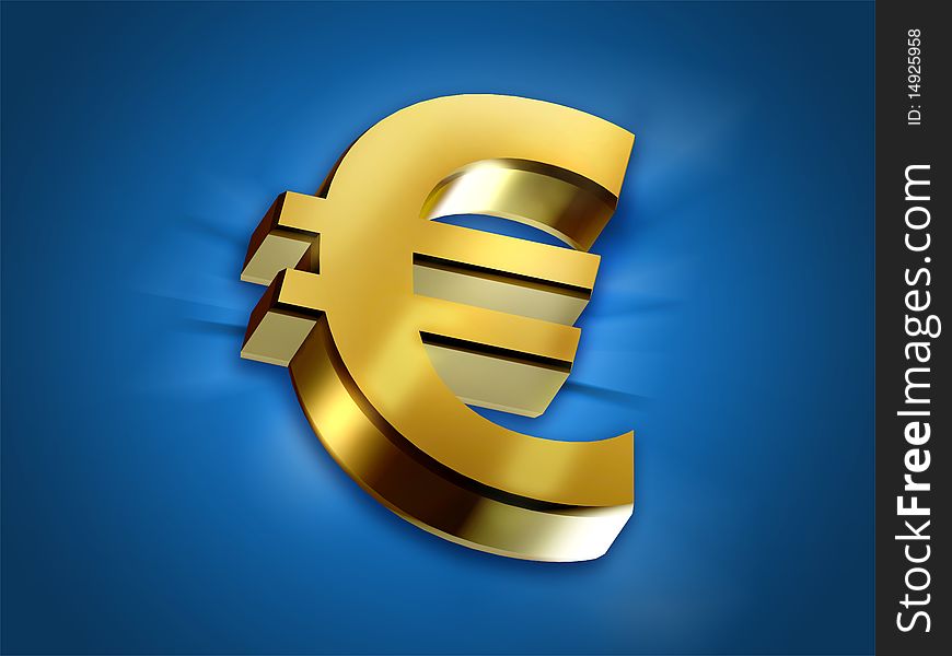 Golden extruded Euro over a blue background