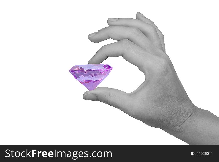 Isolated gray hand with a big purple jewel. Isolated gray hand with a big purple jewel