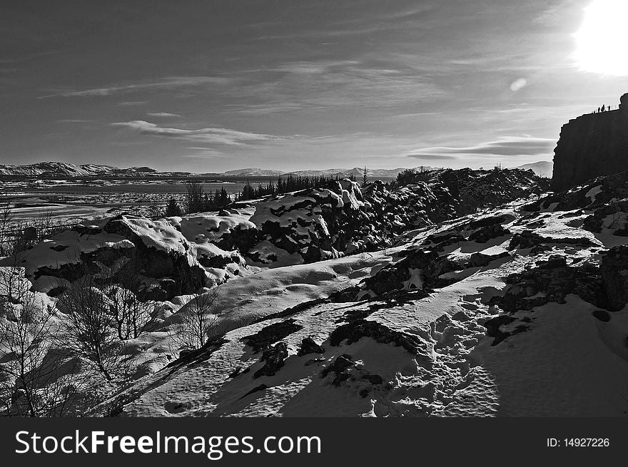 Iceland - Black and white view of the dramatic and historical Thingvellir national park in fading light. Iceland - Black and white view of the dramatic and historical Thingvellir national park in fading light