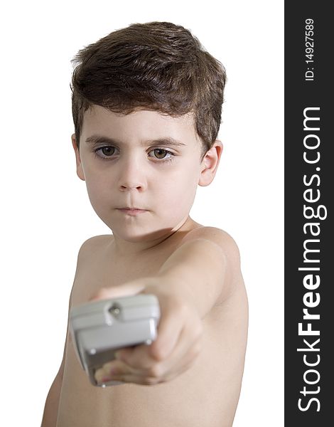 Child with remote-control on a white background. Child with remote-control on a white background