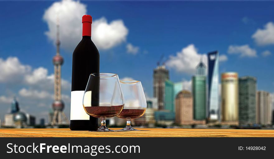 Bottles and glasses in front of the Bund, Shanghai Lujiazui background, a way of life. Bottles and glasses in front of the Bund, Shanghai Lujiazui background, a way of life