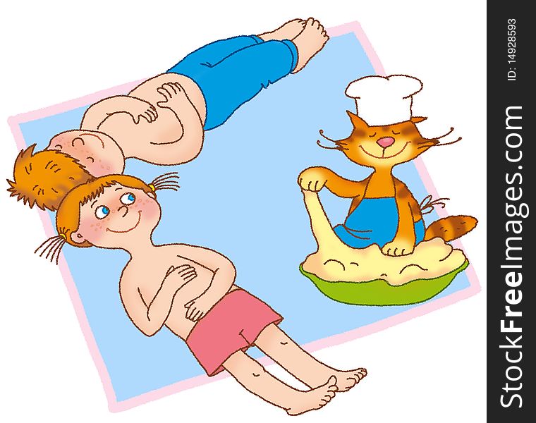 Little boy and girl stroking their bellies, as if the dough is kneaded. Little boy and girl stroking their bellies, as if the dough is kneaded